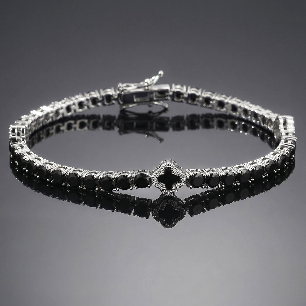 Bold Iced Out Out Black Four Leaf Clover Tennis Bracelet In White Gold - Image 3
