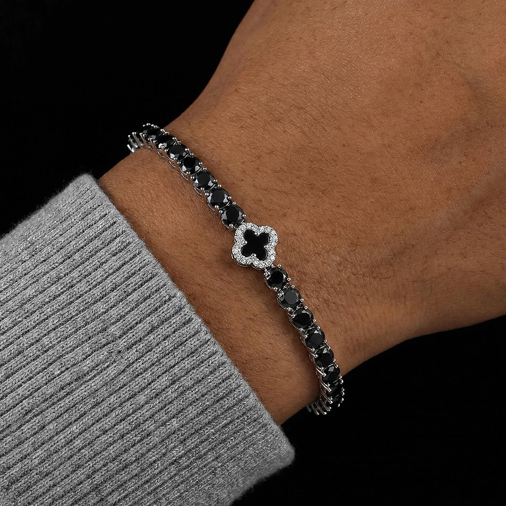 Bold Iced Out Out Black Four Leaf Clover Tennis Bracelet In White Gold