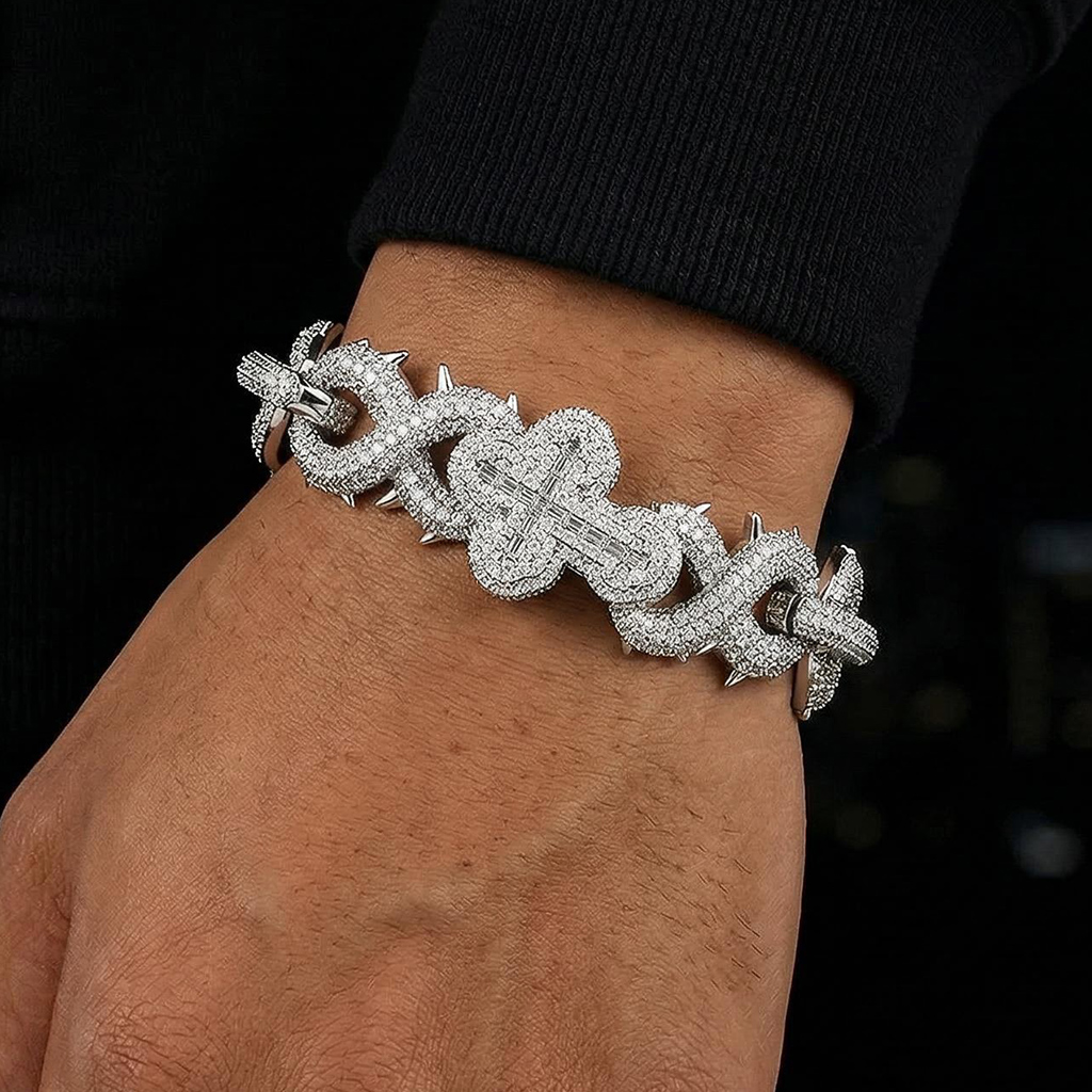 20mm Iced Out Out Detachable Spiked Cross Infinity Link Bracelet Silver - Image 3