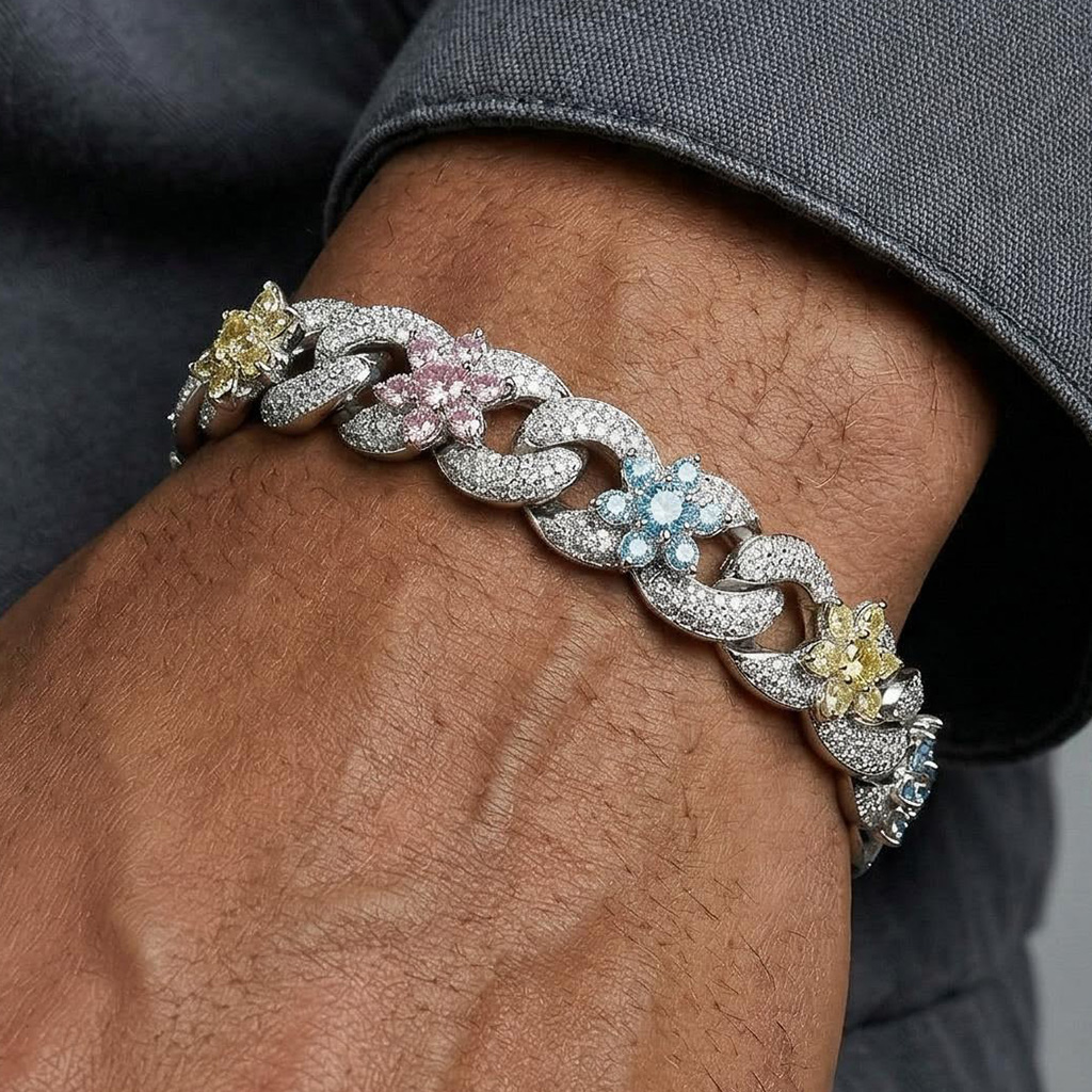 Iced Out Out Colorful Flower Infinity Link Bracelet With Bold Premium Edge - Image 3