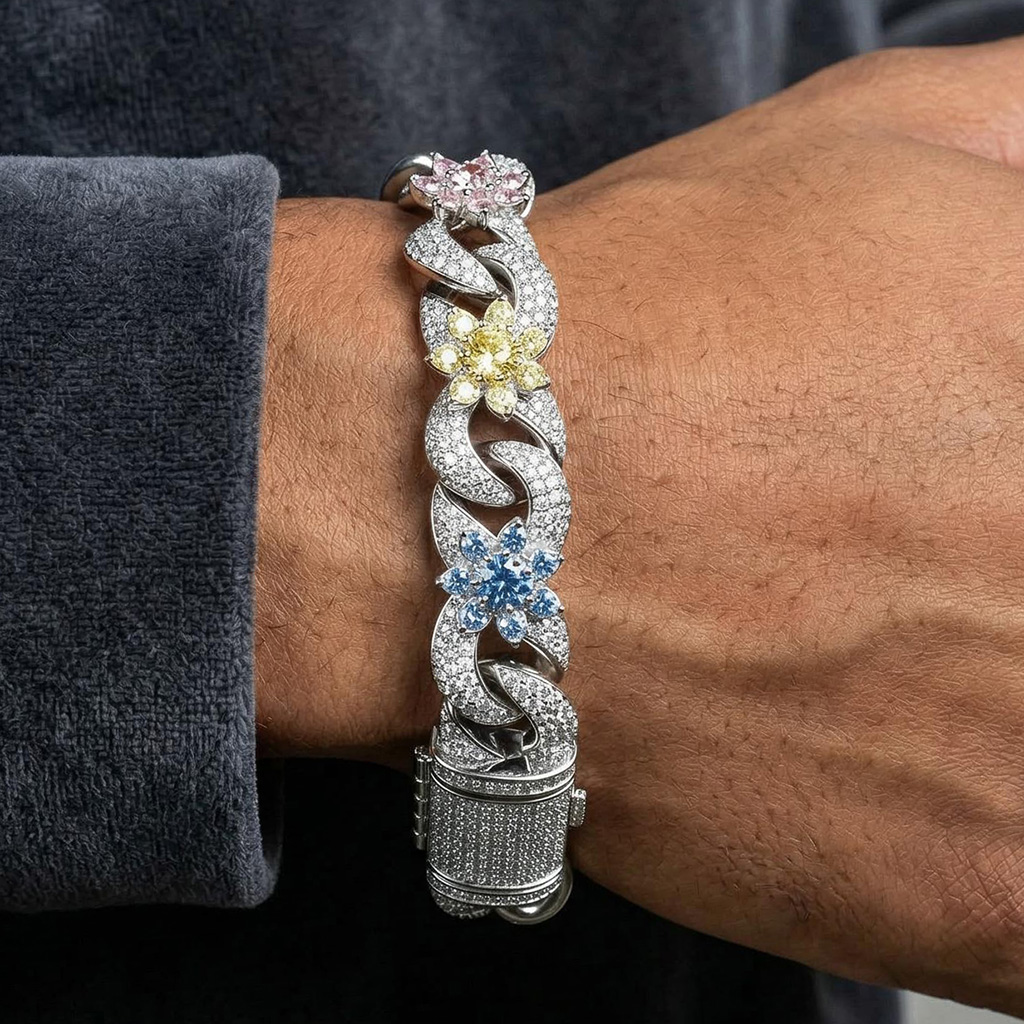 Iced Out Out Colorful Flower Infinity Link Bracelet With Bold Premium Edge