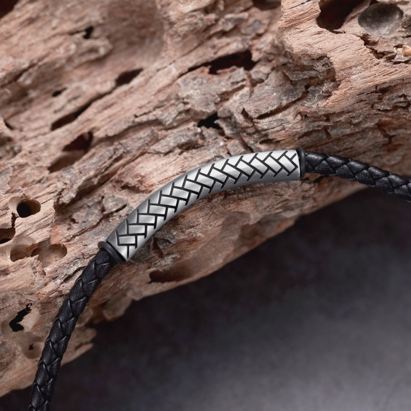 Stainless Steel Tube Black Leather Necklace With Street Luxury Shine - Image 3