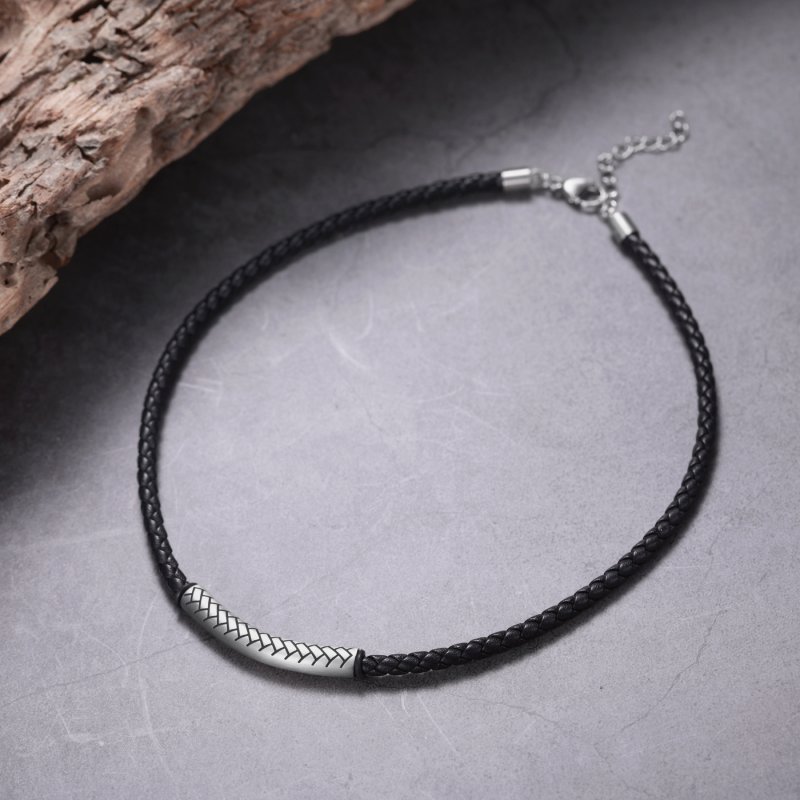 Stainless Steel Tube Black Leather Necklace With Street Luxury Shine - Image 4