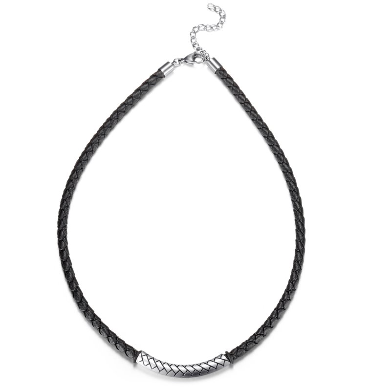 Stainless Steel Tube Black Leather Necklace With Street Luxury Shine - Image 5
