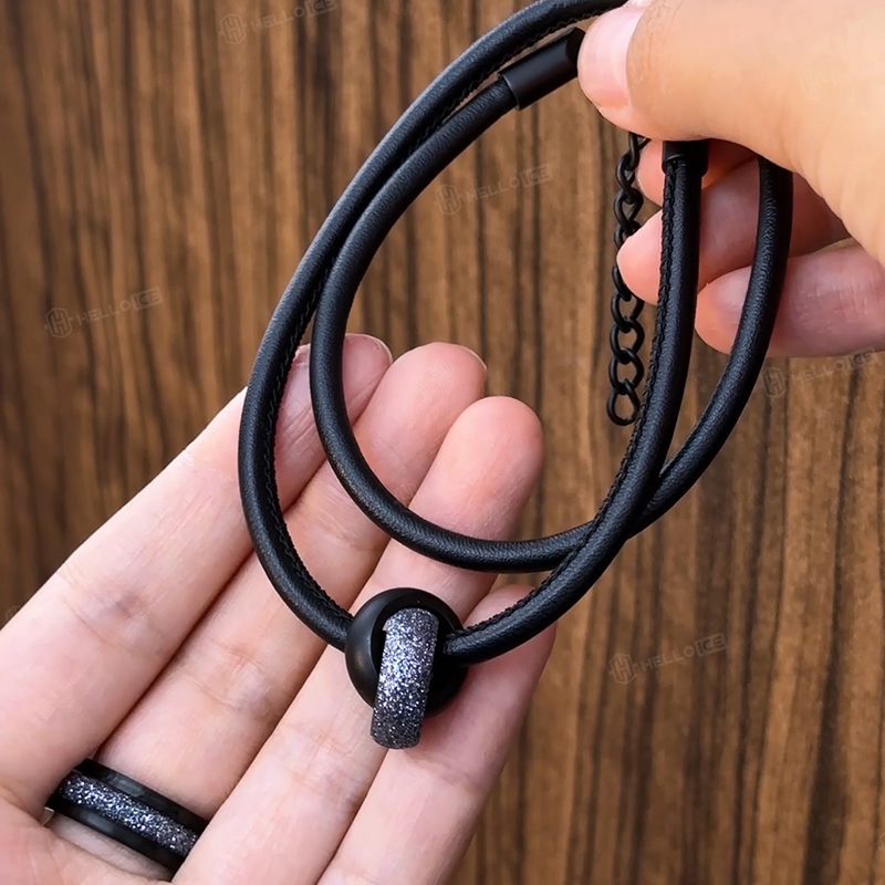 Black And Grey Stardust Black Leather Necklace With Street Luxury Shine