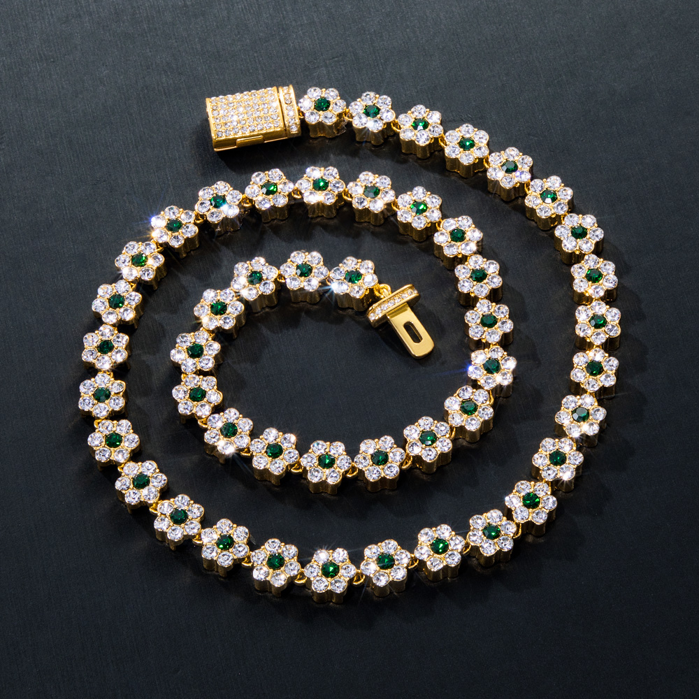 Iced Out 10mm Green Stone Flower Link Chain Gold With Street Luxury Shine - Image 5
