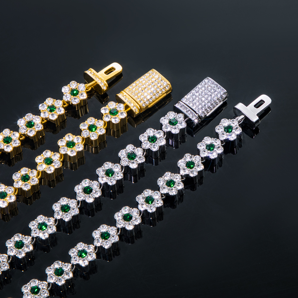 Iced Out 10mm Green Stone Flower Link Chain Gold With Street Luxury Shine - Image 6