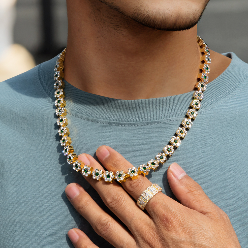 Iced Out 10mm Green Stone Flower Link Chain Gold With Street Luxury Shine - Image 7