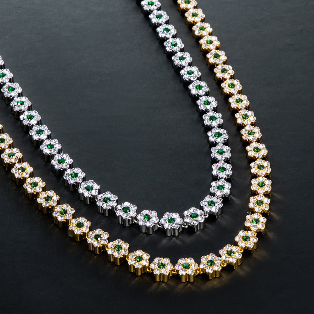 Iced Out 10mm Green Stone Flower Link Chain Gold With Street Luxury Shine