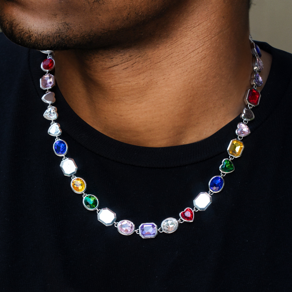 10mm Multi-color Diamonds Chain In White Gold With Street Luxury Shine