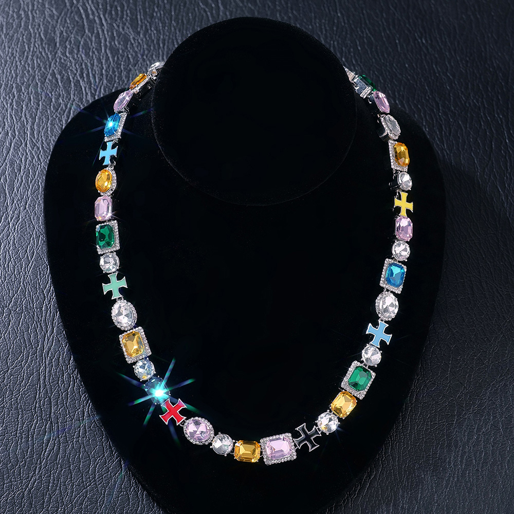 Bold 10mm Multicolored Diamonds Enamel Cross Necklace In White Gold - Image 3