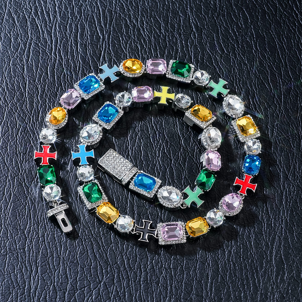 Bold 10mm Multicolored Diamonds Enamel Cross Necklace In White Gold - Image 4