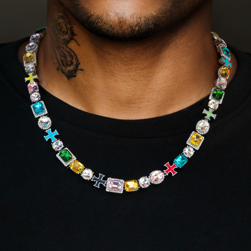 Bold 10mm Multicolored Diamonds Enamel Cross Necklace In White Gold