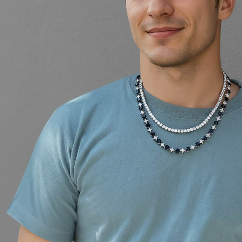 8mm Black Stone Quadrangular Star Necklace In White Gold With Gold Shine - Image 6