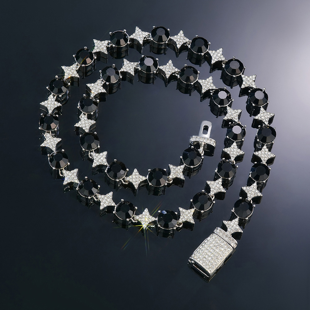 8mm Black Stone Quadrangular Star Necklace In White Gold With Gold Shine