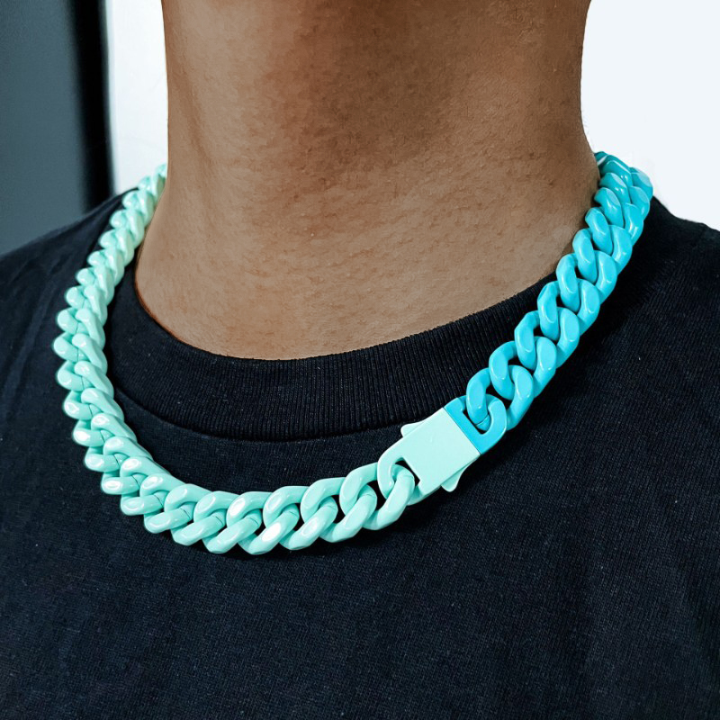 13mm Baked Lacquer Gradient Two Color Cuban Necklace Silver - Image 5