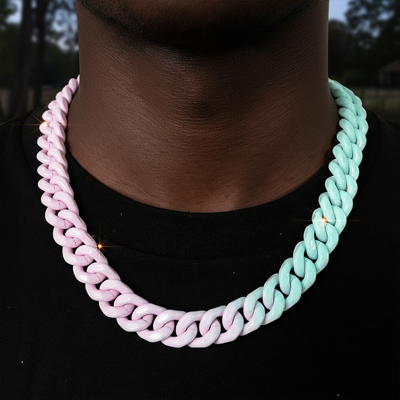 13mm Baked Lacquer Gradient Two Color Cuban Necklace Silver