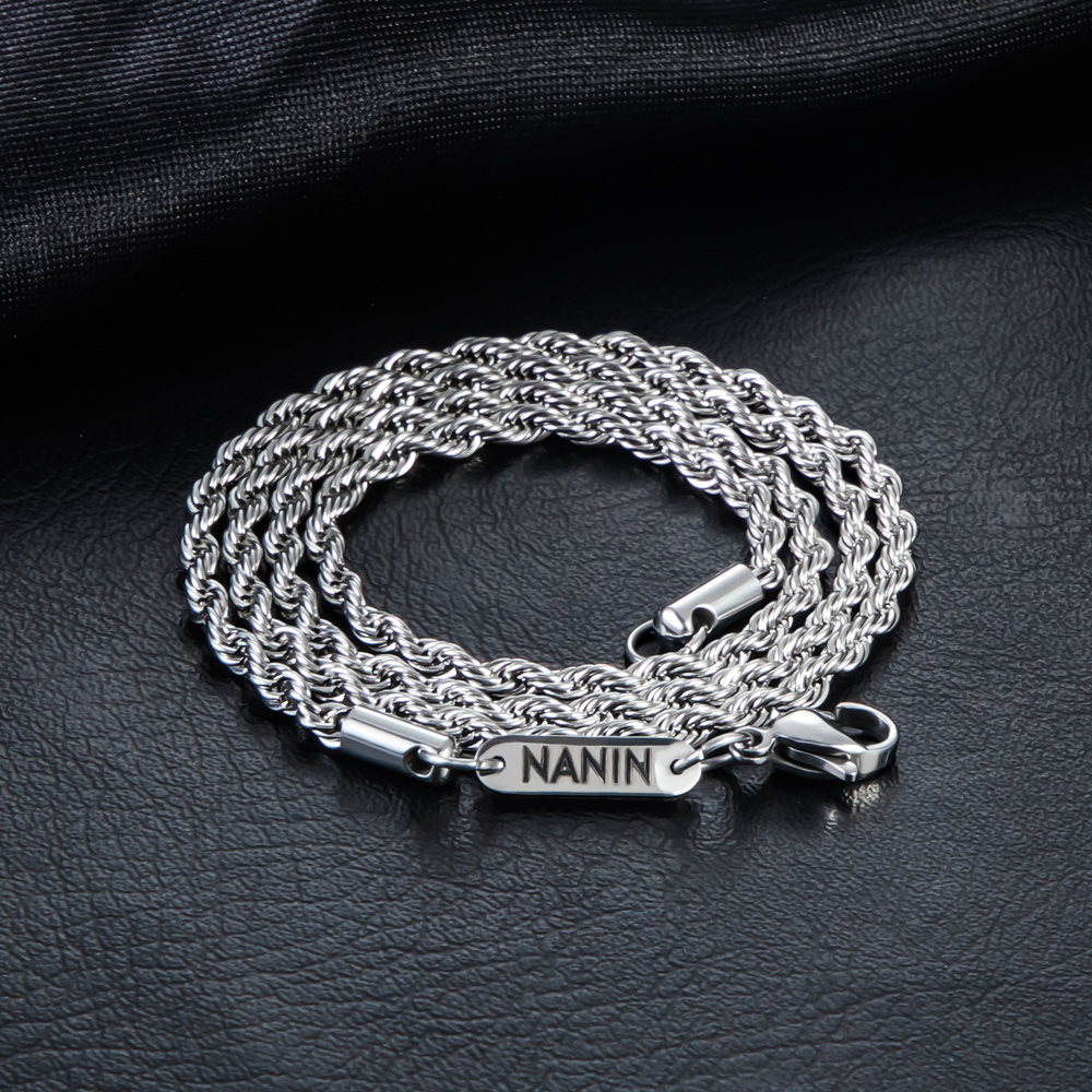 3mm Custom Name Stainless Steel Rope Chain Silver With Street Luxury Shine