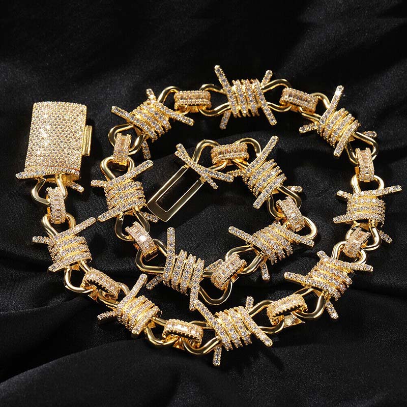 19mm Baguette Ice Out Large Barbed Wire Thorn Chain Gold - Image 5