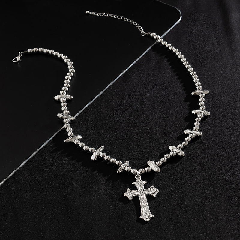 Steel Beads & Cross Pearl Necklace Bold Statement Style With Street Luxury - Image 3