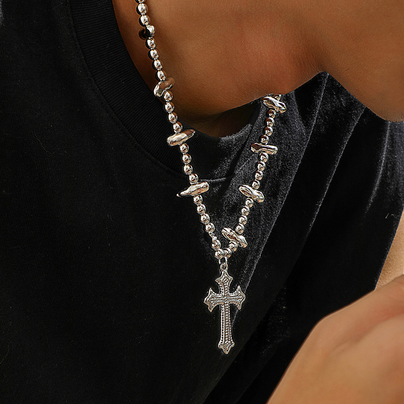 Steel Beads & Cross Pearl Necklace Bold Statement Style With Street Luxury - Image 4