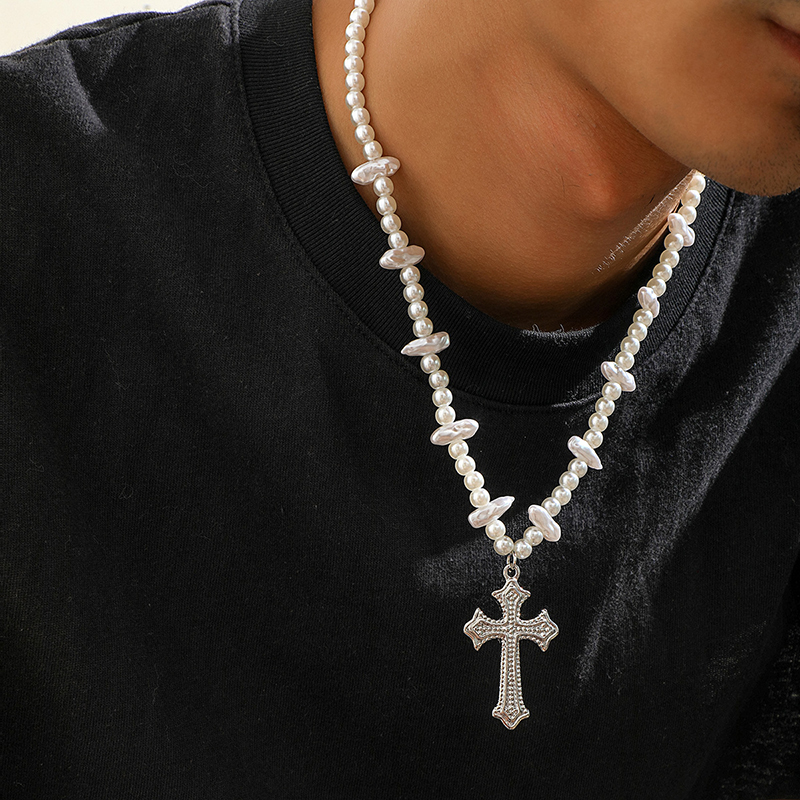 Steel Beads & Cross Pearl Necklace Bold Statement Style With Street Luxury - Image 5