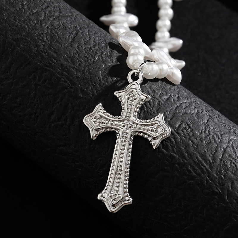 Steel Beads & Cross Pearl Necklace Bold Statement Style With Street Luxury - Image 8