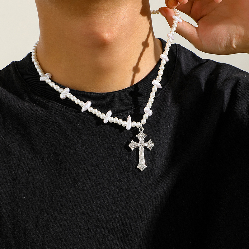 Steel Beads & Cross Pearl Necklace Bold Statement Style With Street Luxury - Image 9