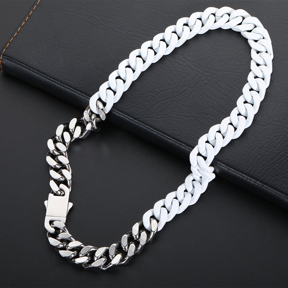 13mm Titanium Steel Lacquered Two-color Cuban Necklace Silver - Image 4