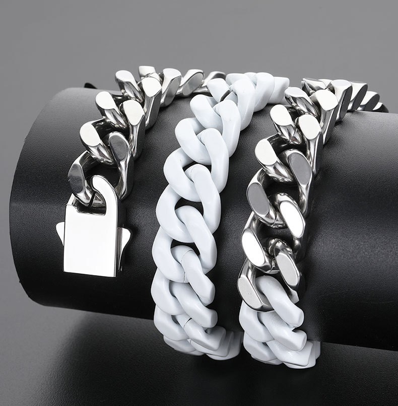 13mm Titanium Steel Lacquered Two-color Cuban Necklace Silver - Image 5