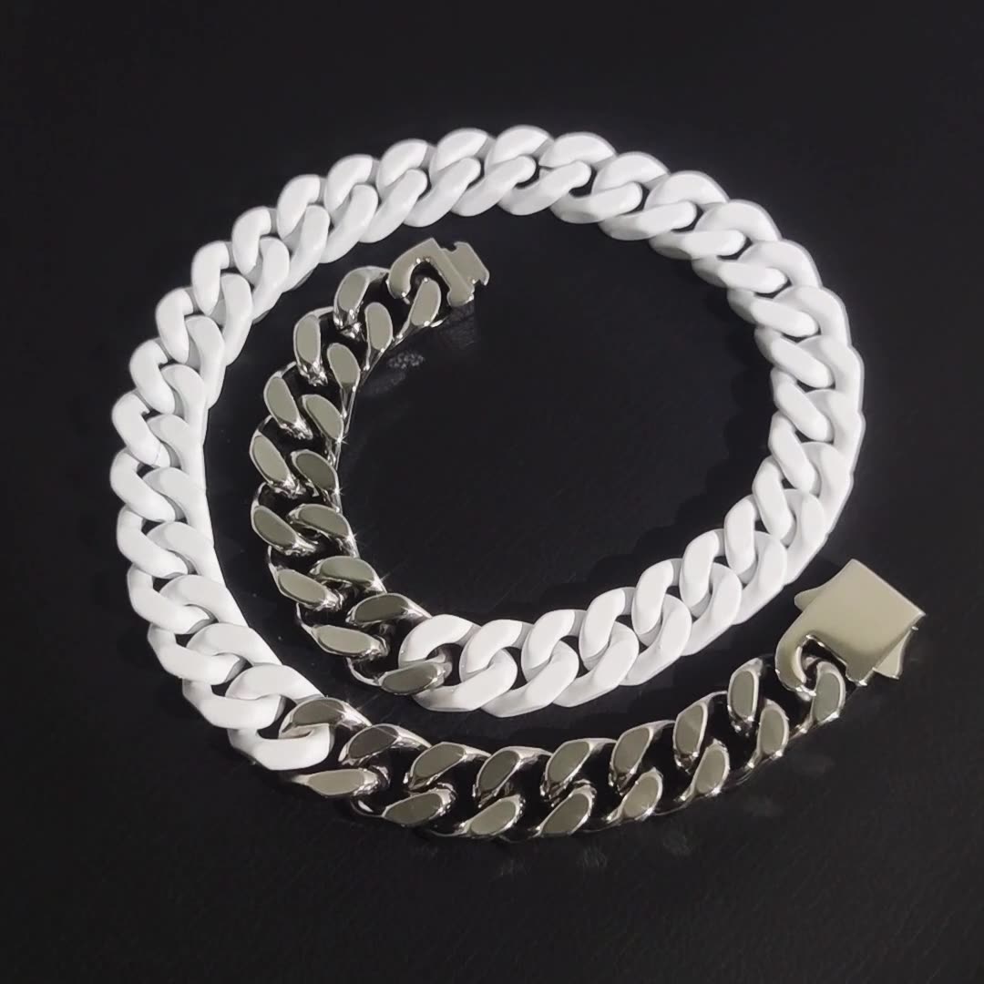 13mm Titanium Steel Lacquered Two-color Cuban Necklace Silver