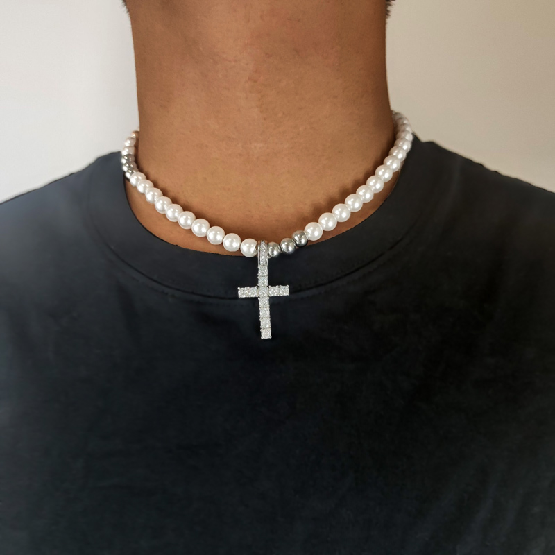 8mm Pearls Cross Pendant Necklace Bold Statement Style With Street Luxury - Image 3