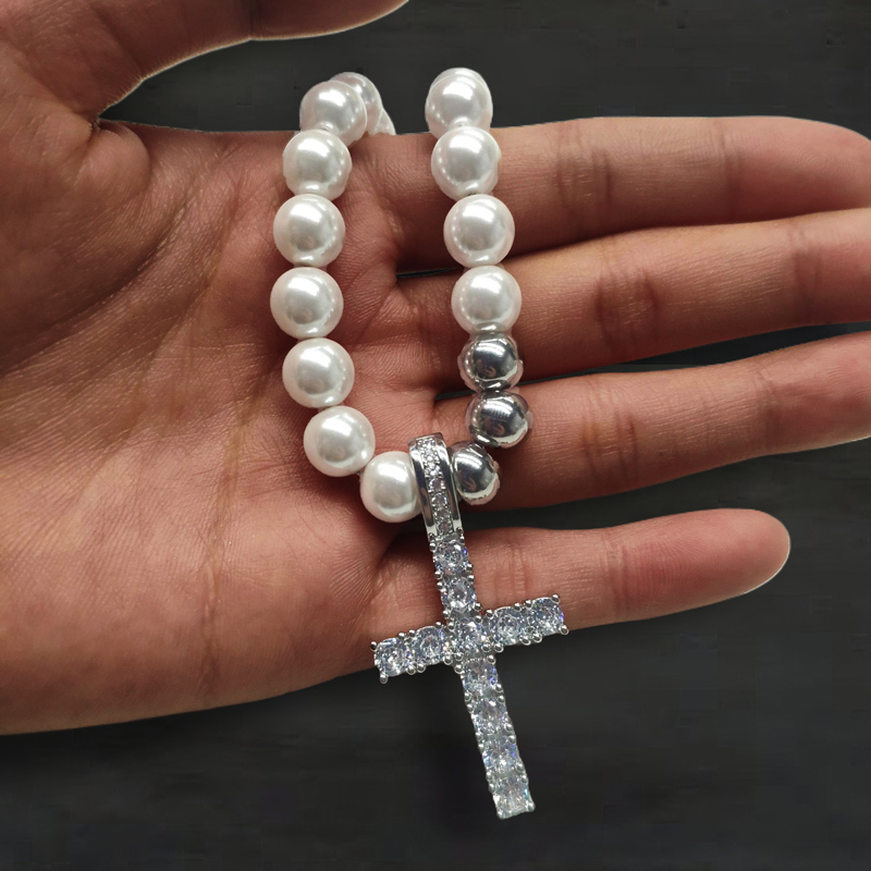 8mm Pearls Cross Pendant Necklace Bold Statement Style With Street Luxury - Image 4