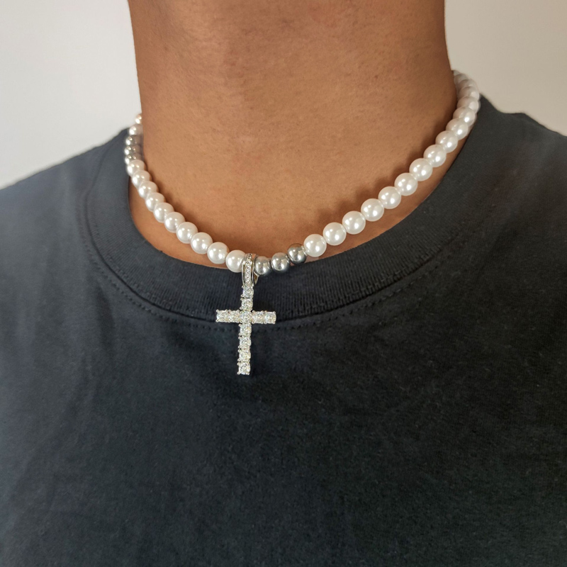 8mm Pearls Cross Pendant Necklace Bold Statement Style With Street Luxury