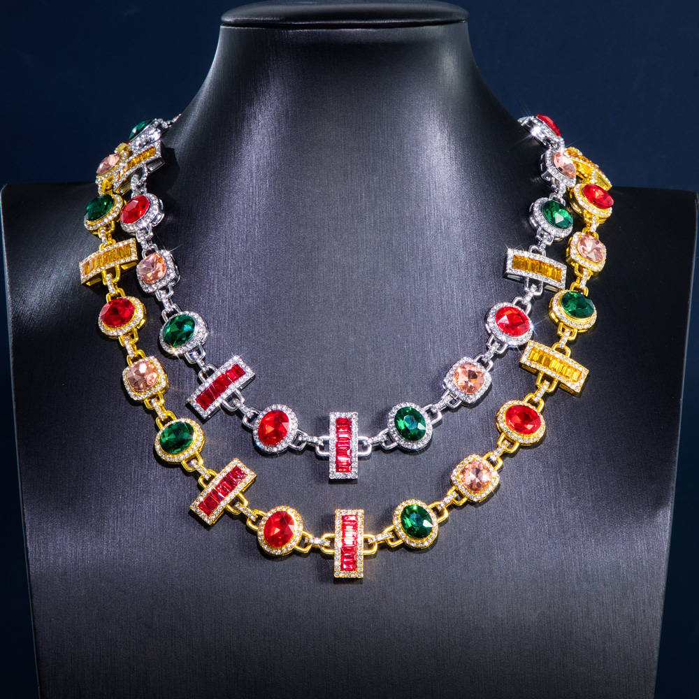 Colorful Diamonds Baguette Cut Necklace Gold With Street Luxury Shine