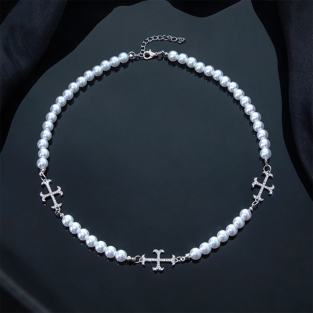 Iced Out Cross Pearls Chian Necklace Gold With Street Luxury Shine - Image 3