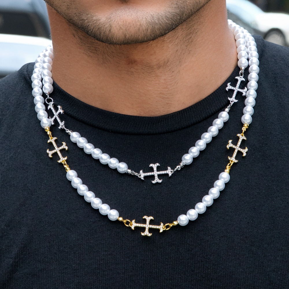 Iced Out Cross Pearls Chian Necklace Gold With Street Luxury Shine - Image 4