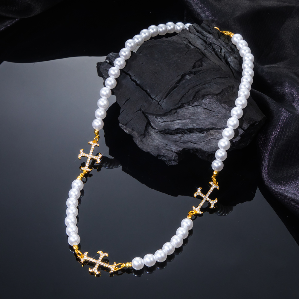 Iced Out Cross Pearls Chian Necklace Gold With Street Luxury Shine - Image 5