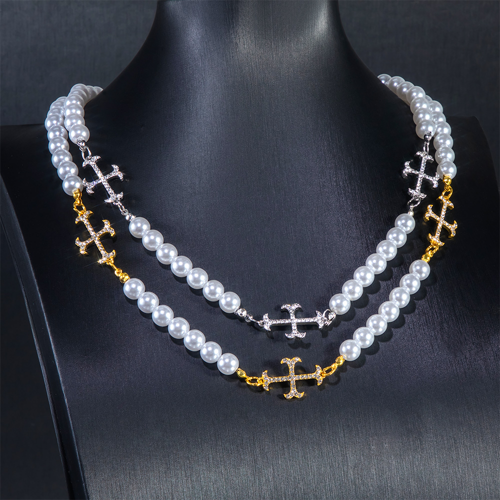 Iced Out Cross Pearls Chian Necklace Gold With Street Luxury Shine - Image 6