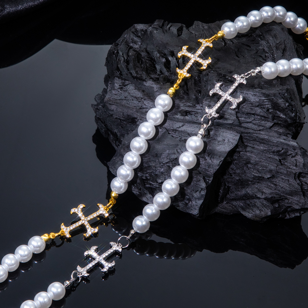 Iced Out Cross Pearls Chian Necklace Gold With Street Luxury Shine - Image 7