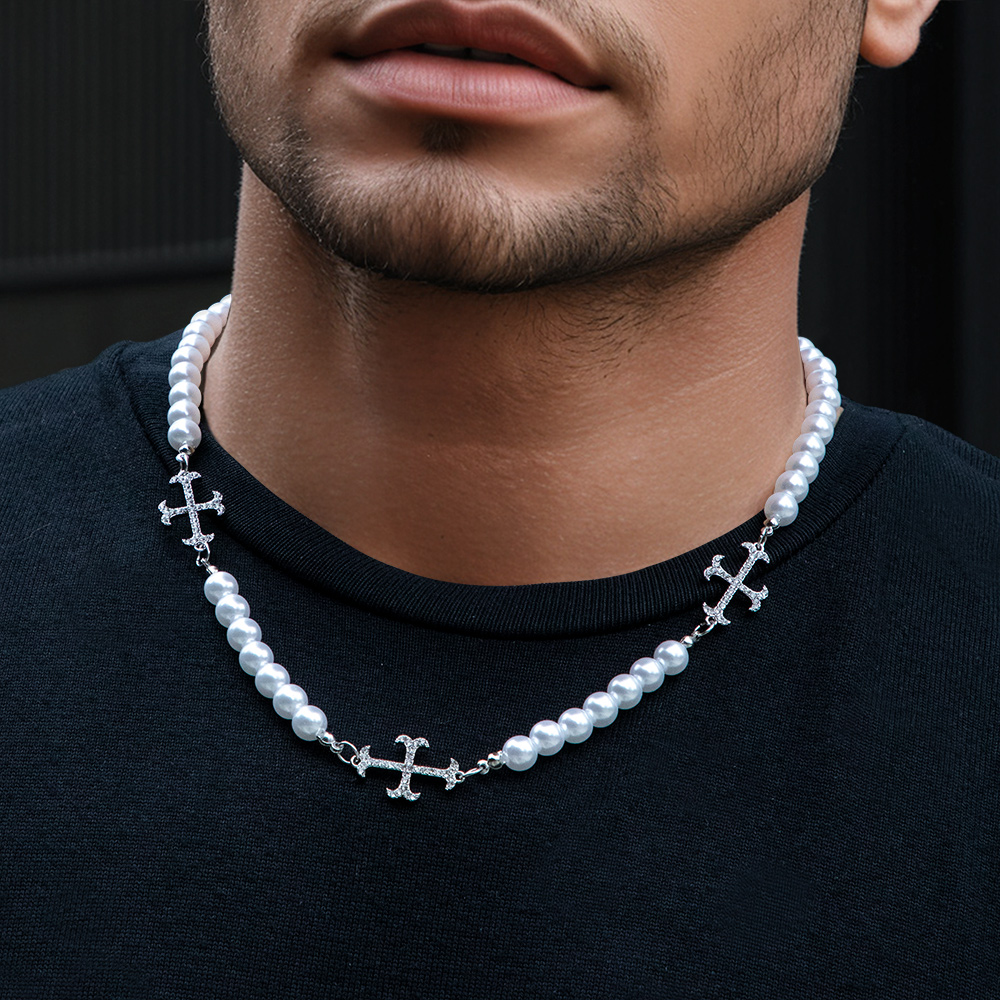 Iced Out Cross Pearls Chian Necklace Gold With Street Luxury Shine