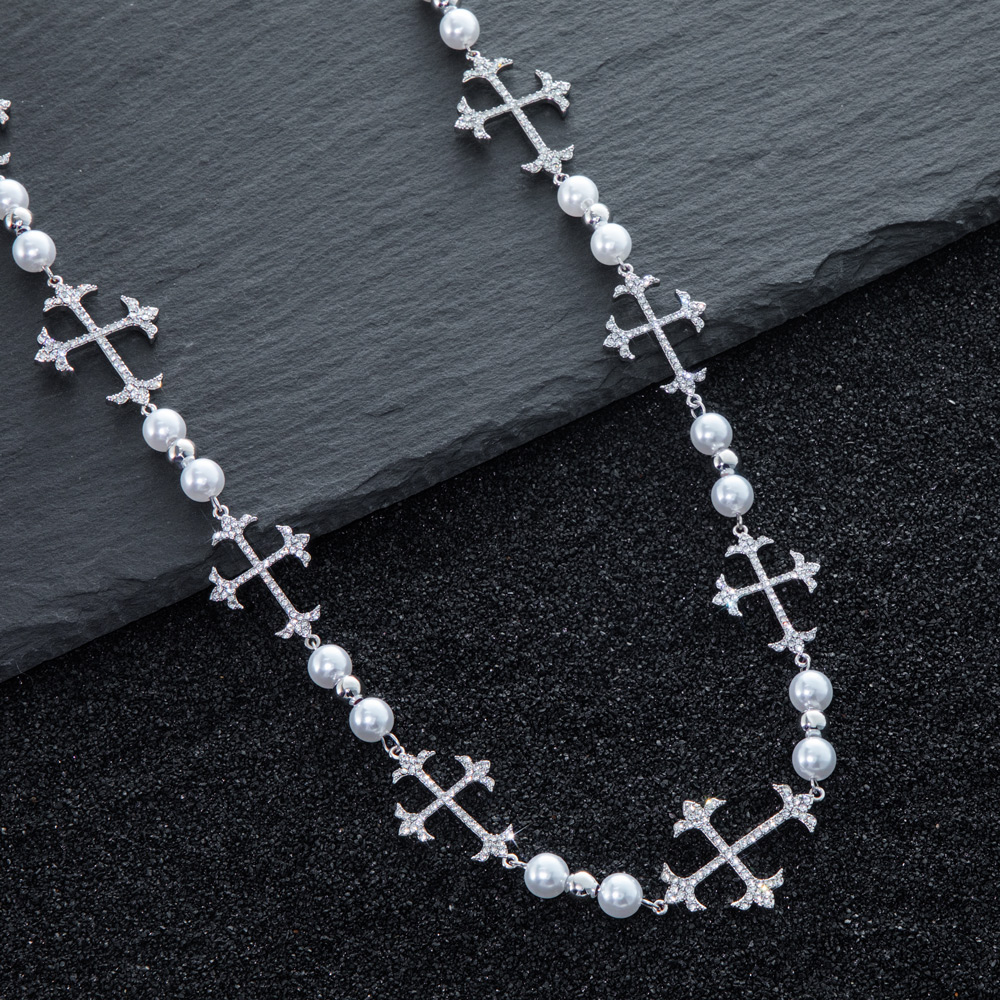 Iced Out Different Crosses Pearls Chain Necklace With Street Luxury Shine - Image 3
