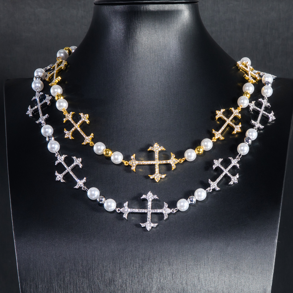 Iced Out Different Crosses Pearls Chain Necklace With Street Luxury Shine - Image 4