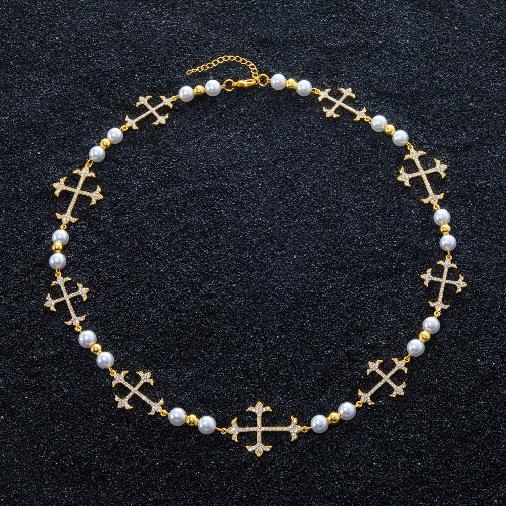 Iced Out Different Crosses Pearls Chain Necklace With Street Luxury Shine - Image 5