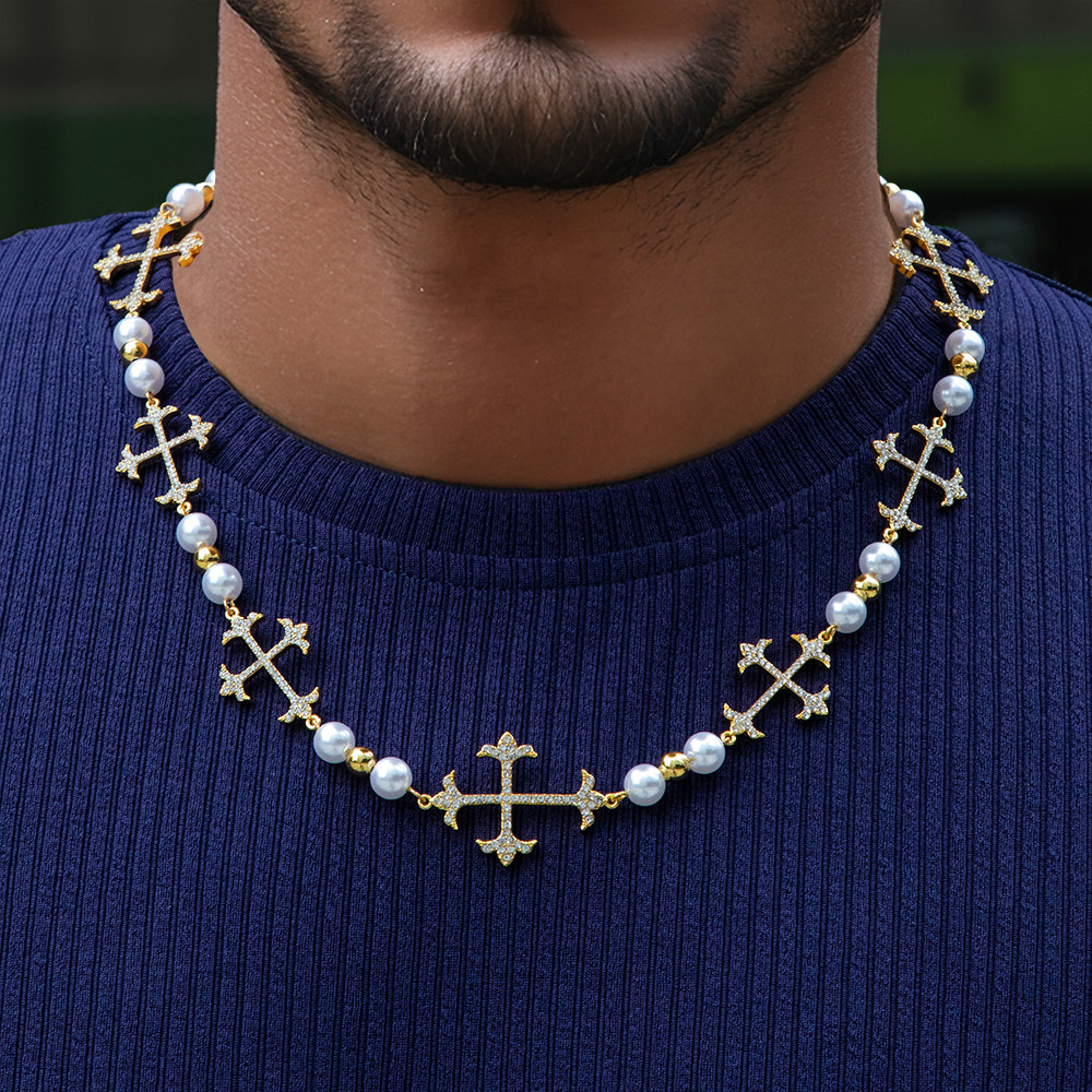 Iced Out Different Crosses Pearls Chain Necklace With Street Luxury Shine - Image 7