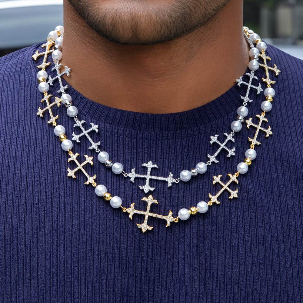 Iced Out Different Crosses Pearls Chain Necklace With Street Luxury Shine
