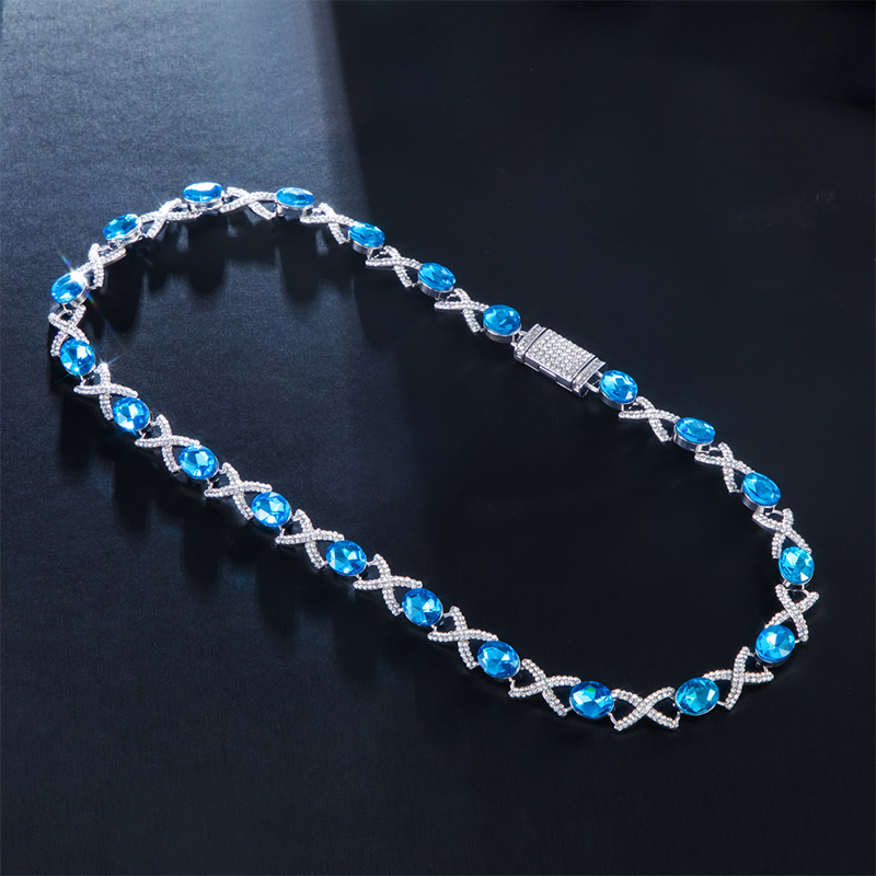Oval Cut Blue Diamonds Iced Out Infinity Sign Necklace Gold - Image 3