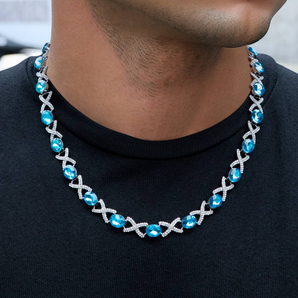 Oval Cut Blue Diamonds Iced Out Infinity Sign Necklace Gold - Image 4