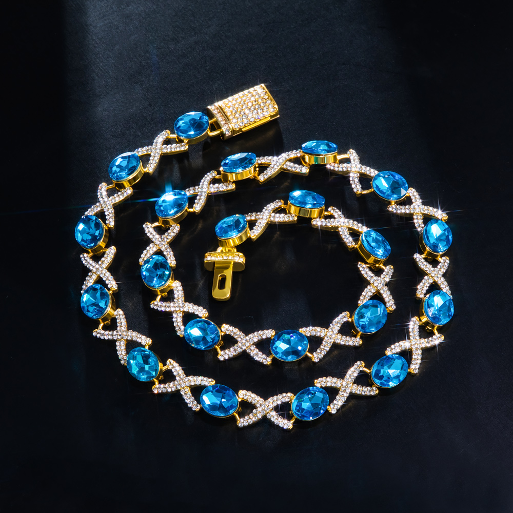 Oval Cut Blue Diamonds Iced Out Infinity Sign Necklace Gold - Image 5