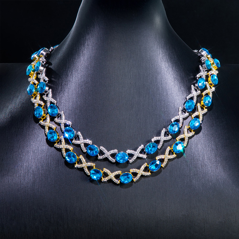 Oval Cut Blue Diamonds Iced Out Infinity Sign Necklace Gold - Image 6